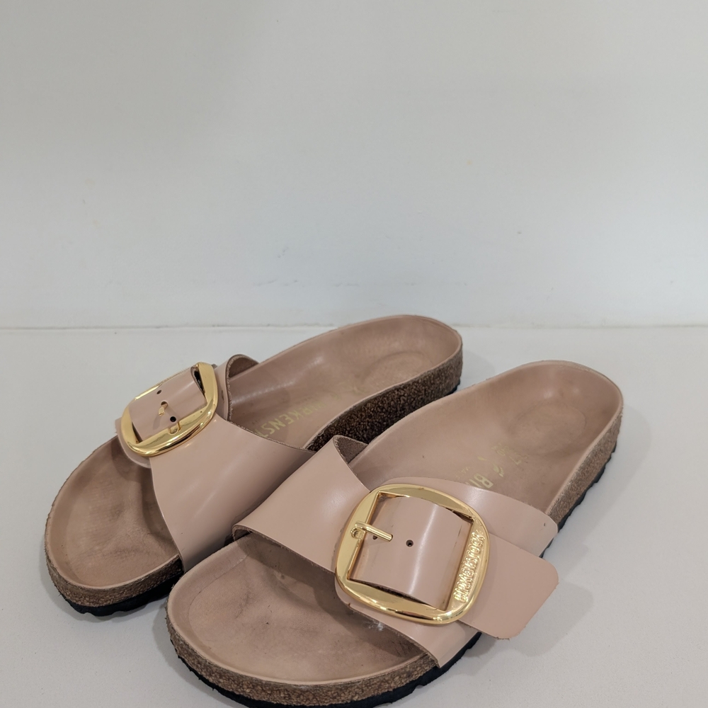 Birkenstock Madrid Women's Beige Slide Sandals with Gold Buckle